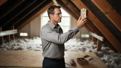 Electrician measures attic heat at a rafter in Fort Lauderdale, FL for attic fan installation
