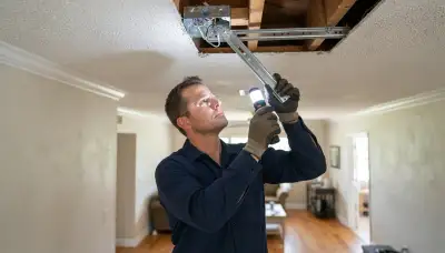Electrician inspects ceiling box support for safe ceiling fan installation in Fort Lauderdale, FL