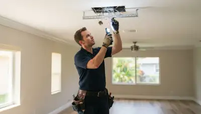 Electrician tests ceiling box and support brace for chandelier installation in Fort Lauderdale, FL