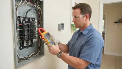 Fort Lauderdale electrician uses a clamp meter to assess electrical panel capacity for a dedicated heater circuit.