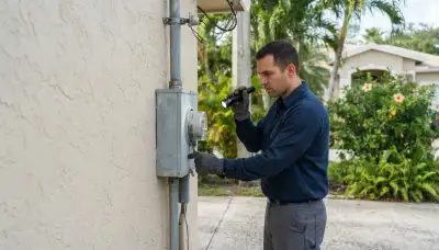 Licensed electrician inspecting a residential service entrance meter and mast in Fort Lauderdale, FL