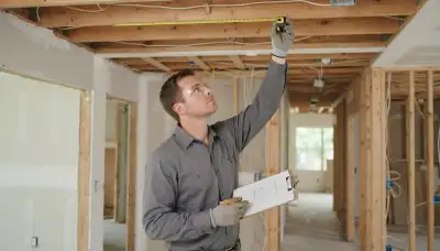 Technician measuring ceiling placement for fire alarm devices in a Fort Lauderdale, FL home
