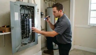 Electrician inspecting a home electrical panel and breakers with a flashlight in Fort Lauderdale, FL