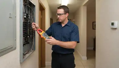 Electrician in Fort Lauderdale, FL uses a clamp meter to measure electrical draw at a home's load center