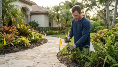 Technician marks low-voltage landscape lighting positions along a Fort Lauderdale, FL pathway and planting bed