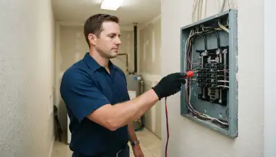 Licensed electrician in Fort Lauderdale, FL uses a voltage tester to inspect breaker terminals during whole-home asse...