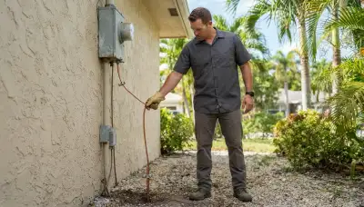 Fort Lauderdale electrician tracing grounding electrode conductor from meter to ground rod for lightning assessment