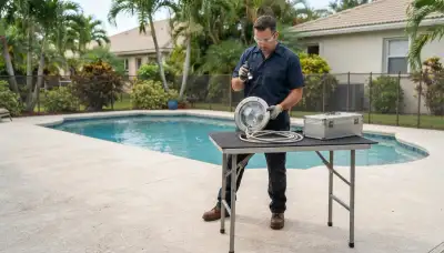 Electrician inspecting pool light bonding at a Fort Lauderdale, FL home junction box
