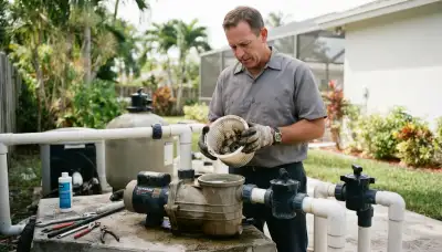 Technician inspecting an existing pool pump for wear at a Fort Lauderdale, FL equipment pad