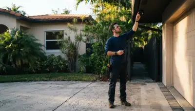 Electrician assesses residential eave for security light placement in Fort Lauderdale, FL