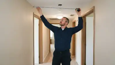 Electrician measuring hallway ceiling for smoke detector placement in Fort Lauderdale, FL