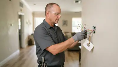 Electrician checks thermostat wiring for a common wire in a Fort Lauderdale, FL home