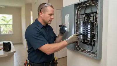 Fort Lauderdale electrician inspecting an open electrical panel for whole-home surge protection installation