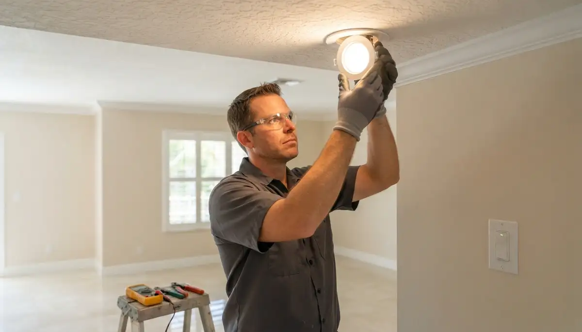 Fort Lauderdale electrician aiming new lighting fixtures and testing dimmer controls in a home