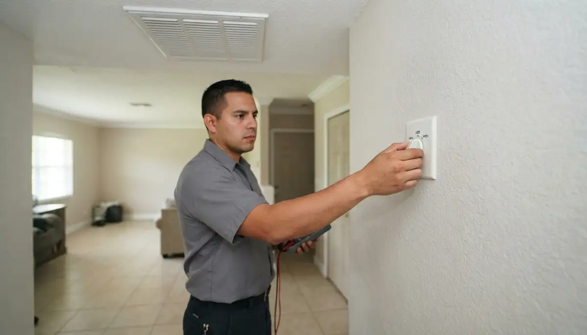 Electrician verifies whole-house fan wall speed control beneath a closed ceiling grille in Fort Lauderdale, FL