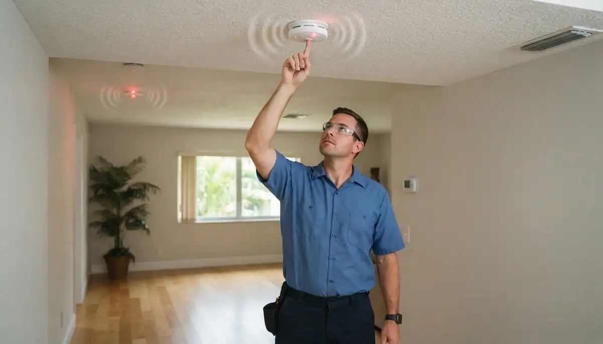 Fort Lauderdale, FL electrician tests an interconnected ceiling-mounted smoke detector system