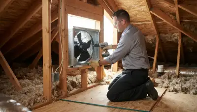 Fort Lauderdale, FL electrician mounts an attic fan frame and secures wiring along attic rafters
