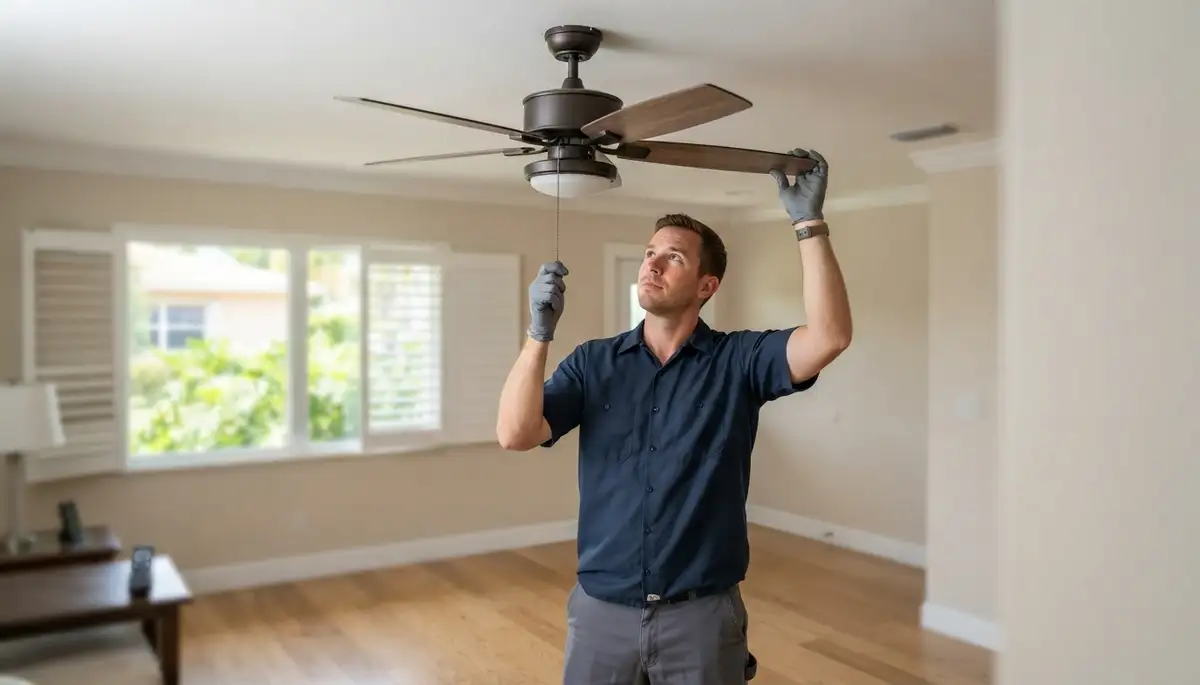 Electrician verifies ceiling fan blade balance during installation in Fort Lauderdale, FL