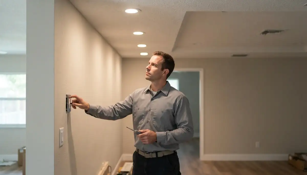 Electrician testing recessed lighting beams and dimmer performance in Fort Lauderdale, FL