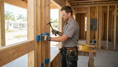 Electrician installing electrical boxes and cable during new construction wiring in Fort Lauderdale, FL