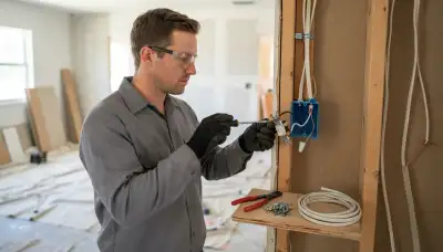 Fort Lauderdale, FL electrician securing new cable with staples and terminating wiring at a device box