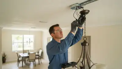 Electrician installing and wiring a chandelier with a fixture-rated brace in a Fort Lauderdale, FL home