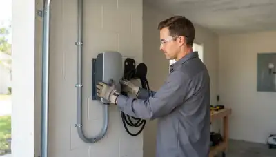 Electrician mounting an EV charger on a dedicated circuit in a Fort Lauderdale, FL garage