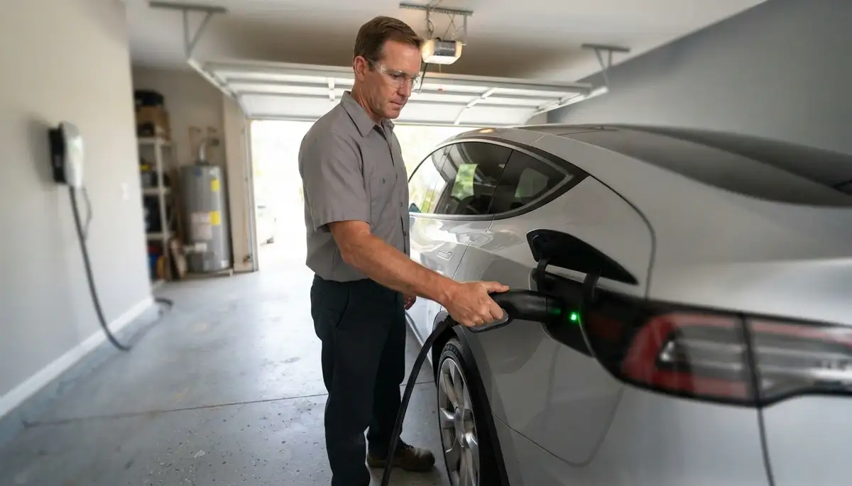 Technician connects an EV charger during electric car charger installation testing in Fort Lauderdale, FL
