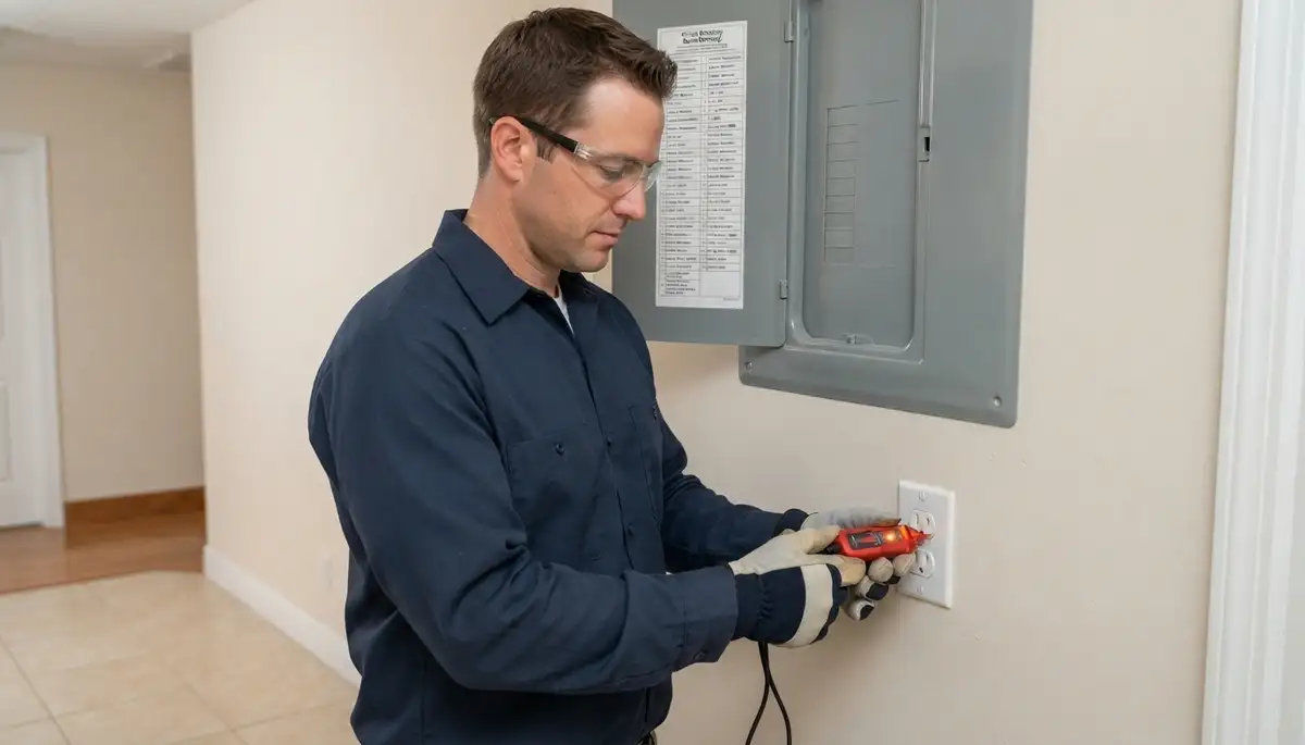 Fort Lauderdale electrician verifies labeled circuits with a voltage tester after an electrical panel upgrade