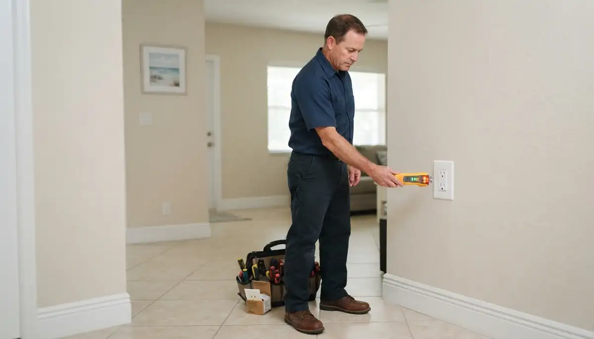 Fort Lauderdale electrician tests a completed electrical receptacle with a circuit tester