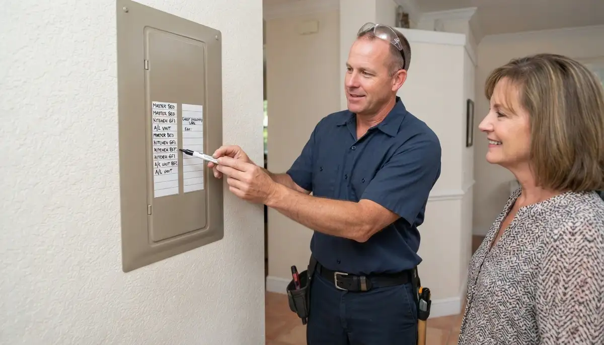 Fort Lauderdale, FL electrician shows homeowner labeled electrical panel circuits after completed work.