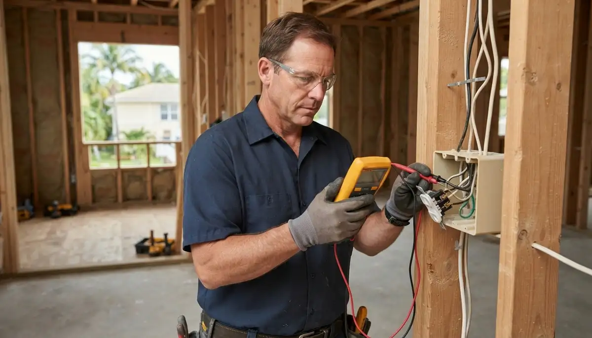 Electrician in Fort Lauderdale, FL tests new wiring for continuity and polarity before drywall installation.