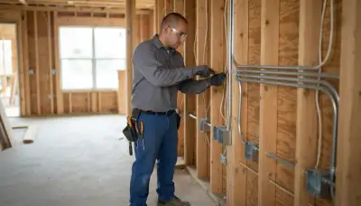 Electrician fastening conduit and aligning electrical boxes on wall framing in Fort Lauderdale, FL