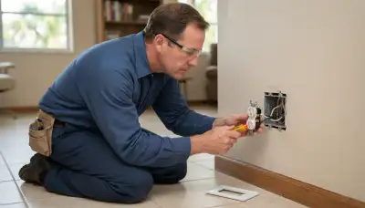 Electrician testing wall receptacle and junction box during home electrical inspection in Fort Lauderdale, FL
