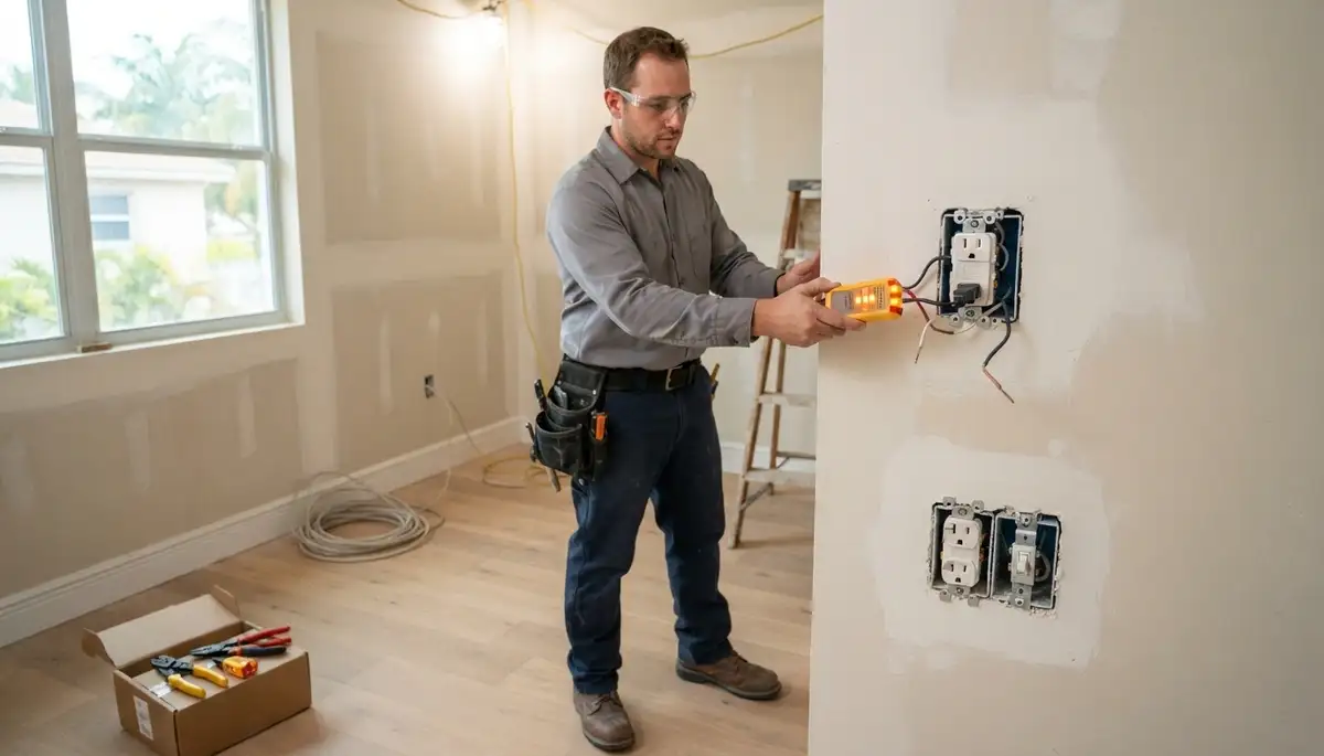 Fort Lauderdale, FL electrician installing receptacles and testing switches for new construction wiring