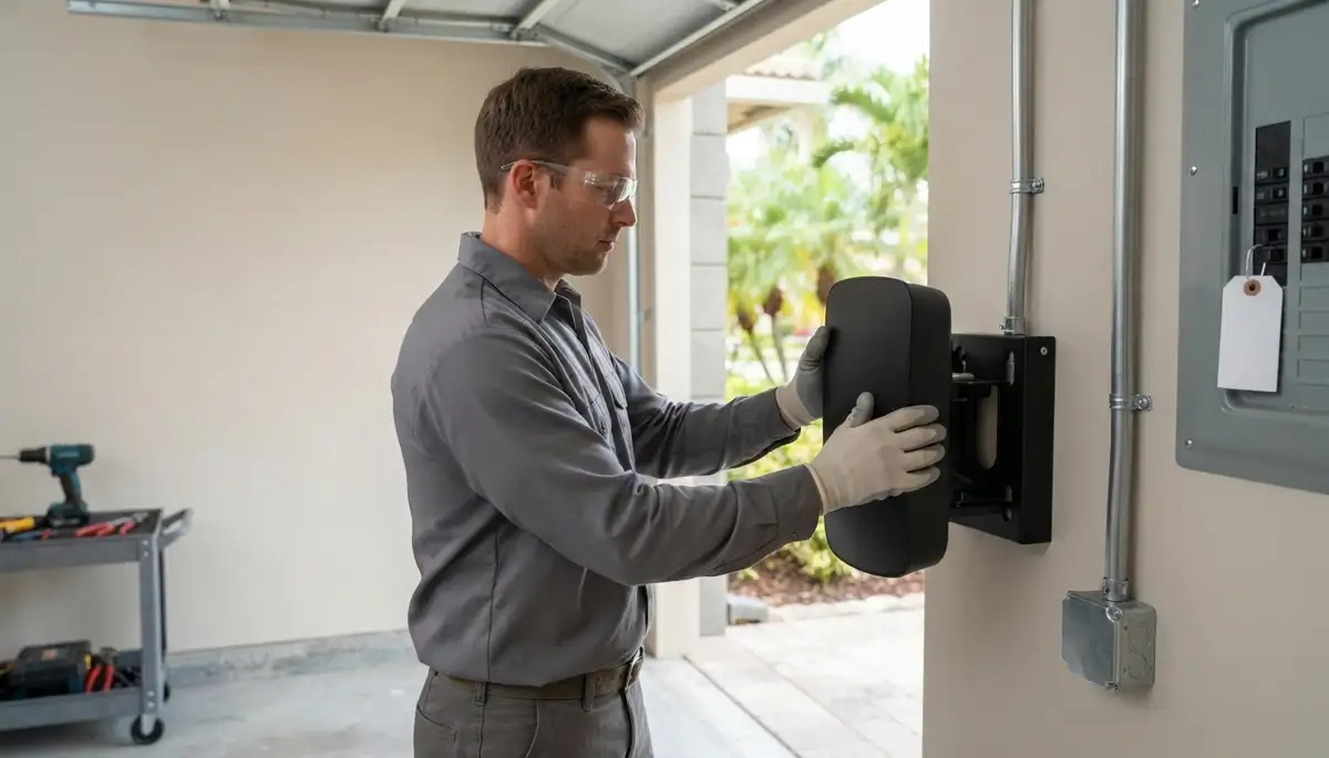 Electrician installs a 240-volt EV charger circuit in a Fort Lauderdale, FL garage