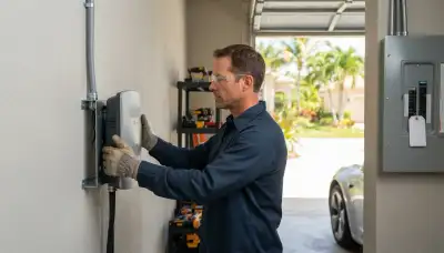 Electrician installs a wall-mounted EV charger with a dedicated 240-volt circuit in Fort Lauderdale, FL