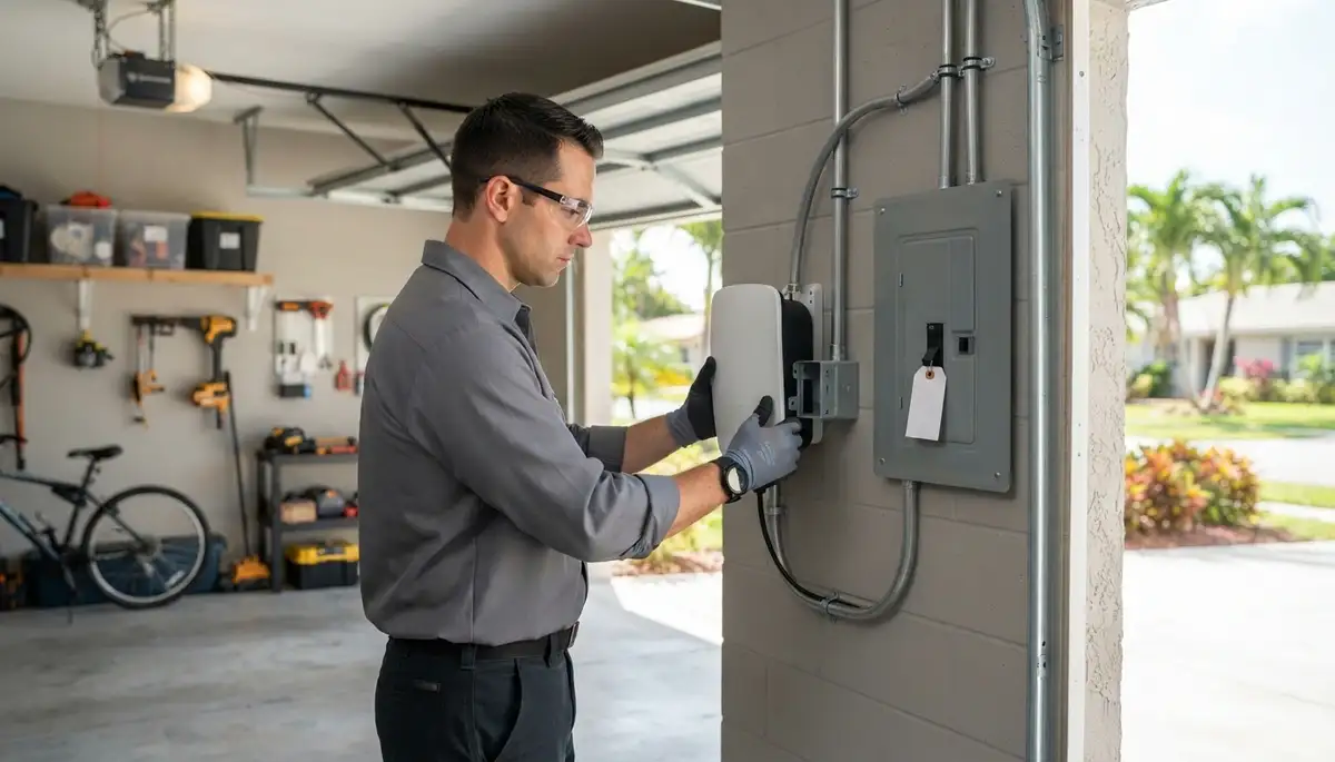 Electrician installing an EV charger with a dedicated circuit in a Fort Lauderdale, FL garage