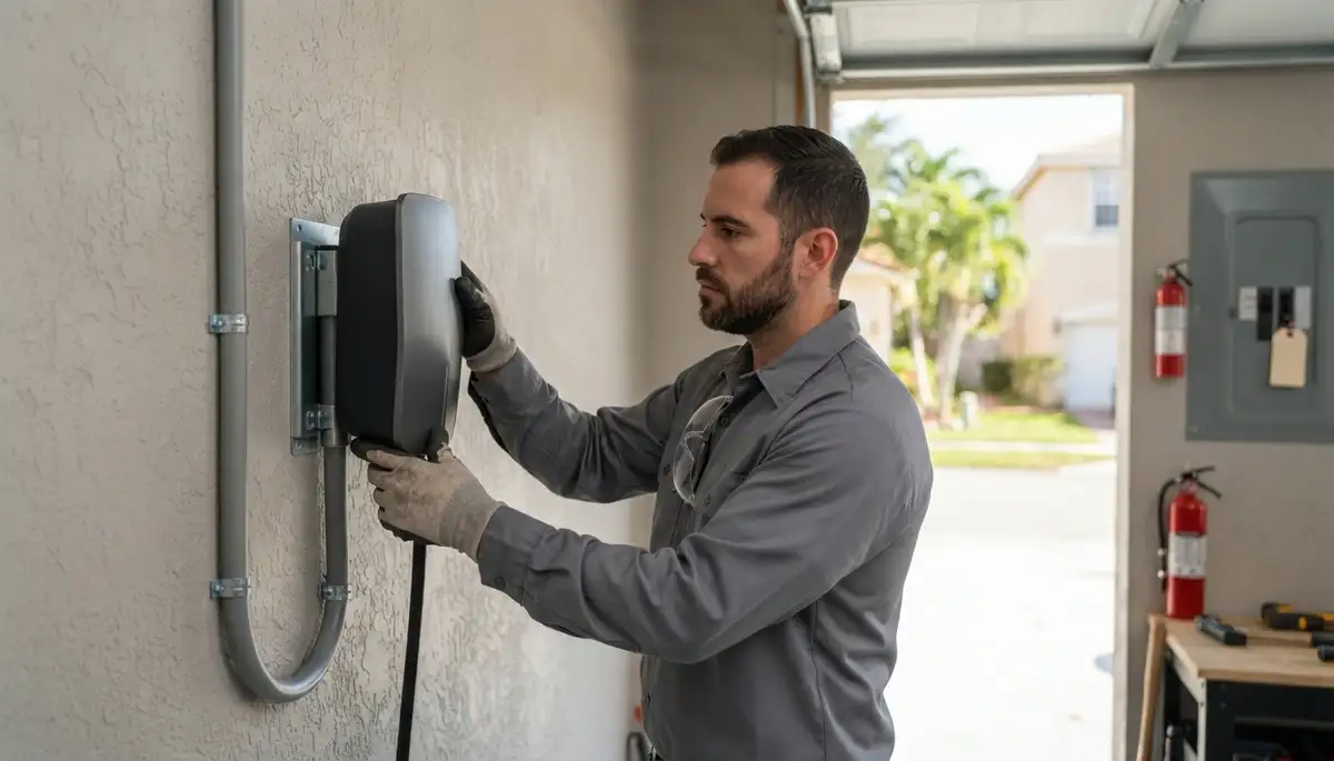 Electrician installing a home EV charger and dedicated circuit in Hialeah Gardens, FL