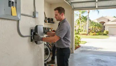 Electrician installing an EV charger and dedicated circuit at a Fort Lauderdale, FL home