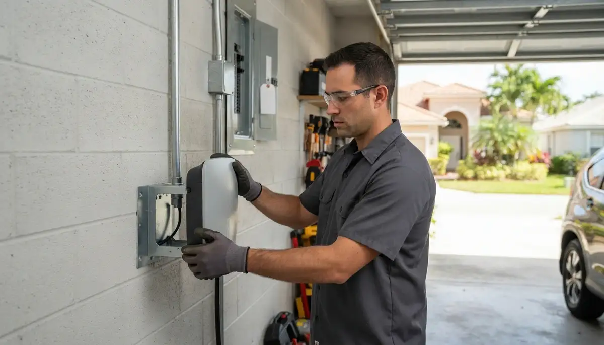 Electrician installing an EV charger on an Opa-locka, FL home garage wall