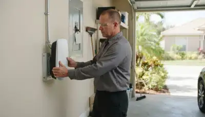 Electrician installing a wall-mounted Level 2 EV charger in Plantation, FL