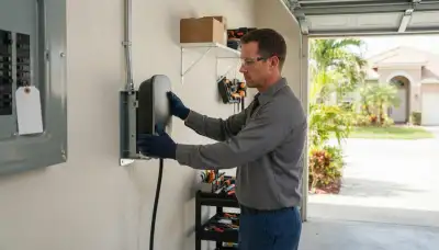 Electrician installs an EV charger and dedicated circuit in a Pompano Beach, FL garage