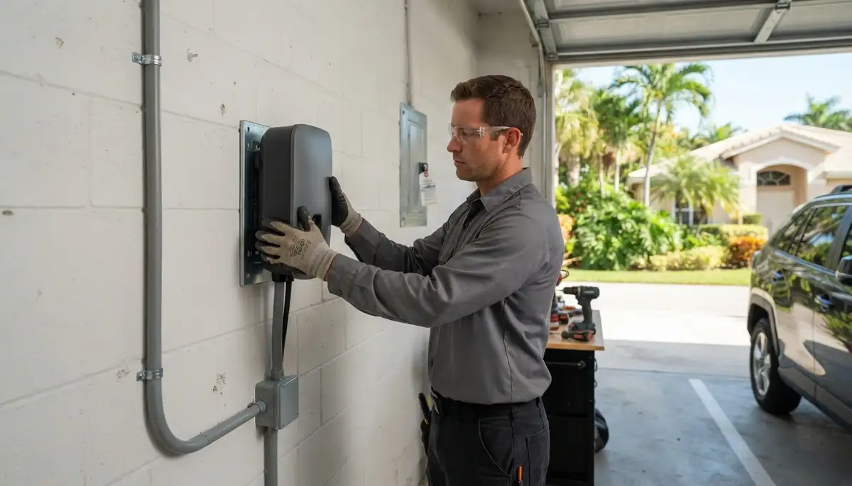 Level 2 EV charger installation with electrical panel wiring in Fort Lauderdale, FL
