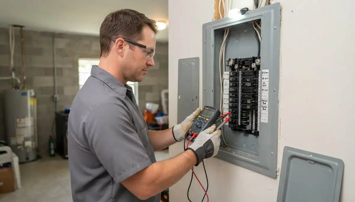 Fort Lauderdale electrician tests panel voltage and polarity with a multimeter during circuit verification