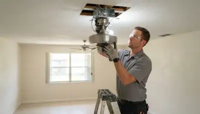 Electrician mounts a fan-rated box and ceiling fan motor in a Fort Lauderdale, FL home