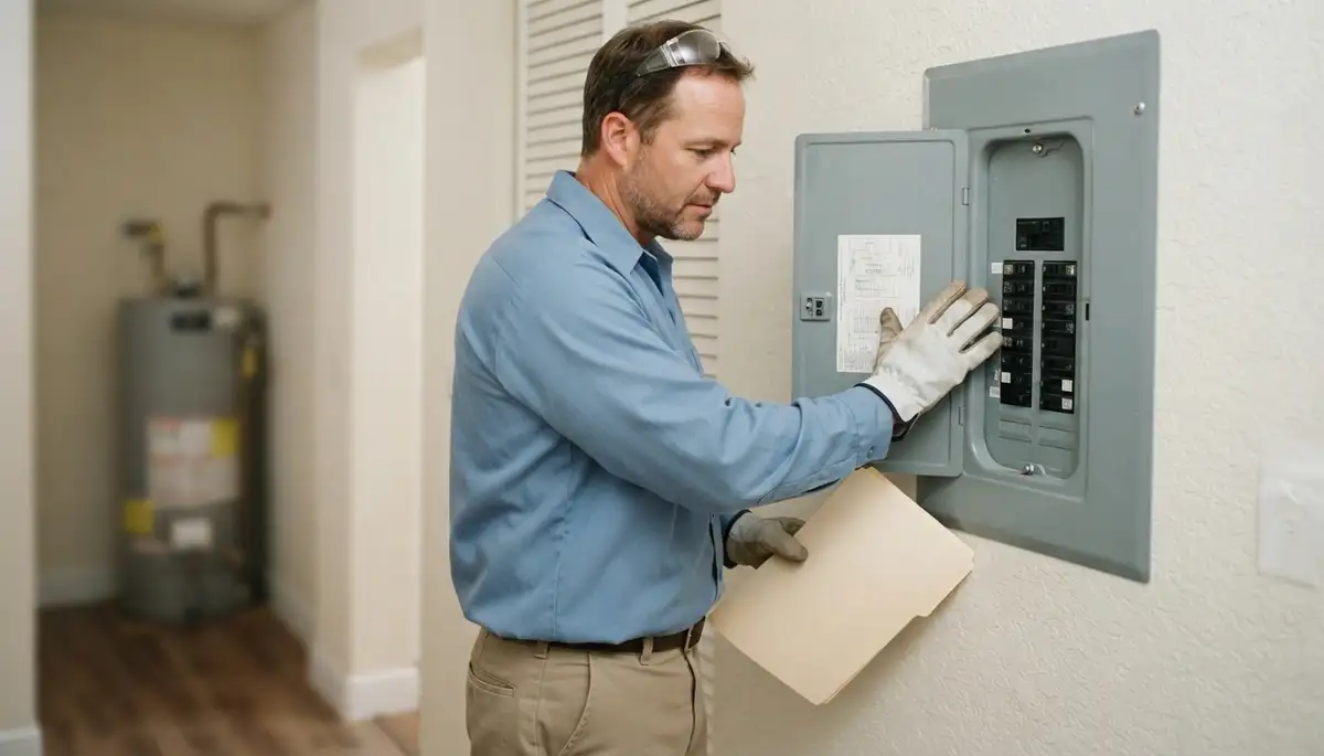 Fort Lauderdale electrician presents prioritized home energy audit folder beside closed electrical panel