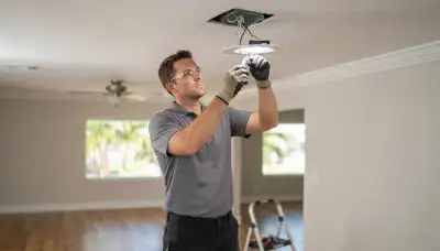 Electrician installing a ceiling light fixture in a Fort Lauderdale, FL home with circuits safely locked off