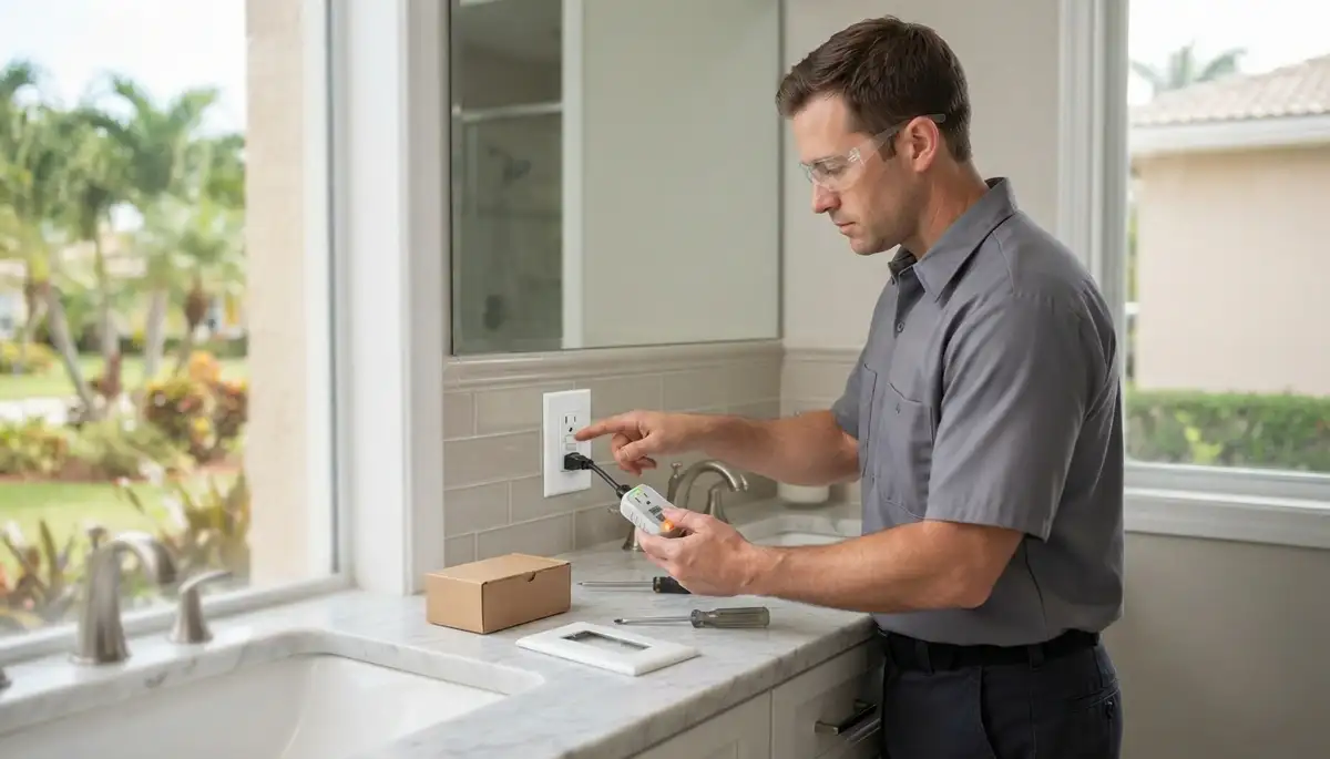 Electrician installing a GFCI outlet for wet-area protection in Dania Beach, FL