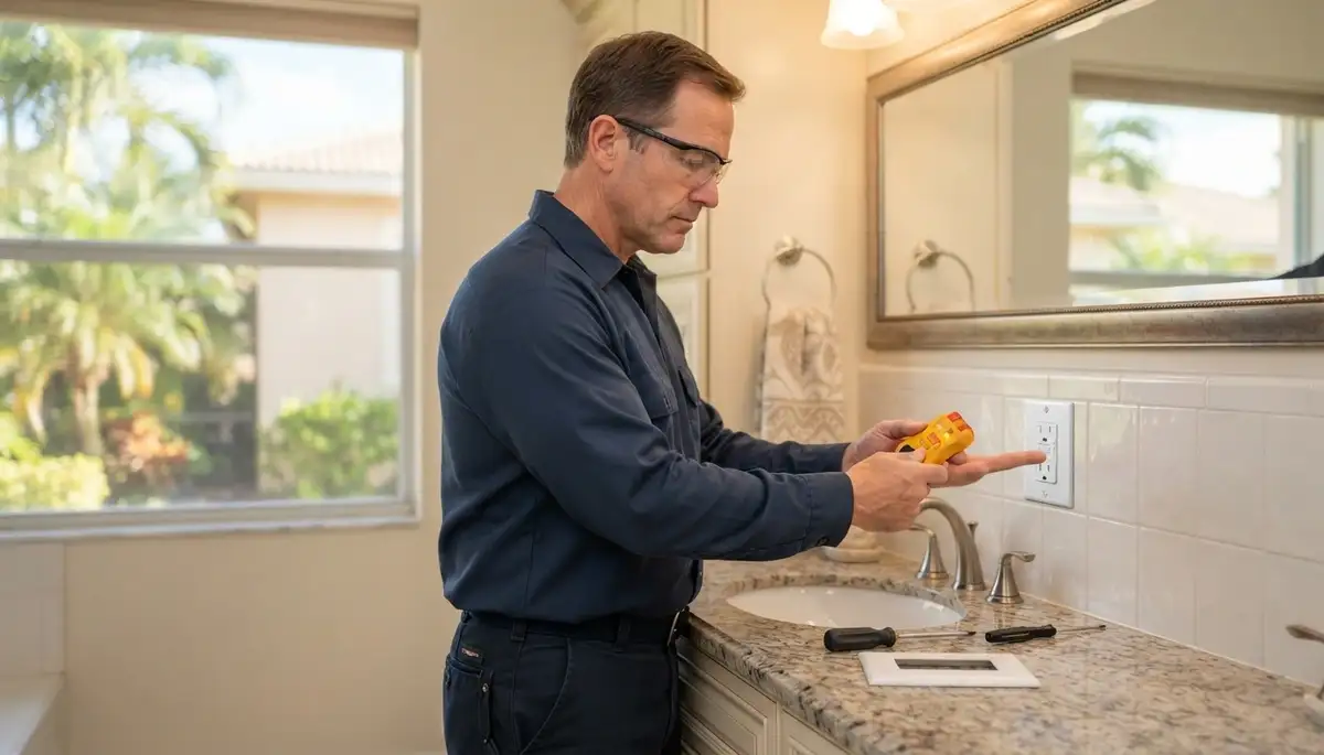Electrician installs GFCI outlet for wet areas in a Fort Lauderdale, FL home